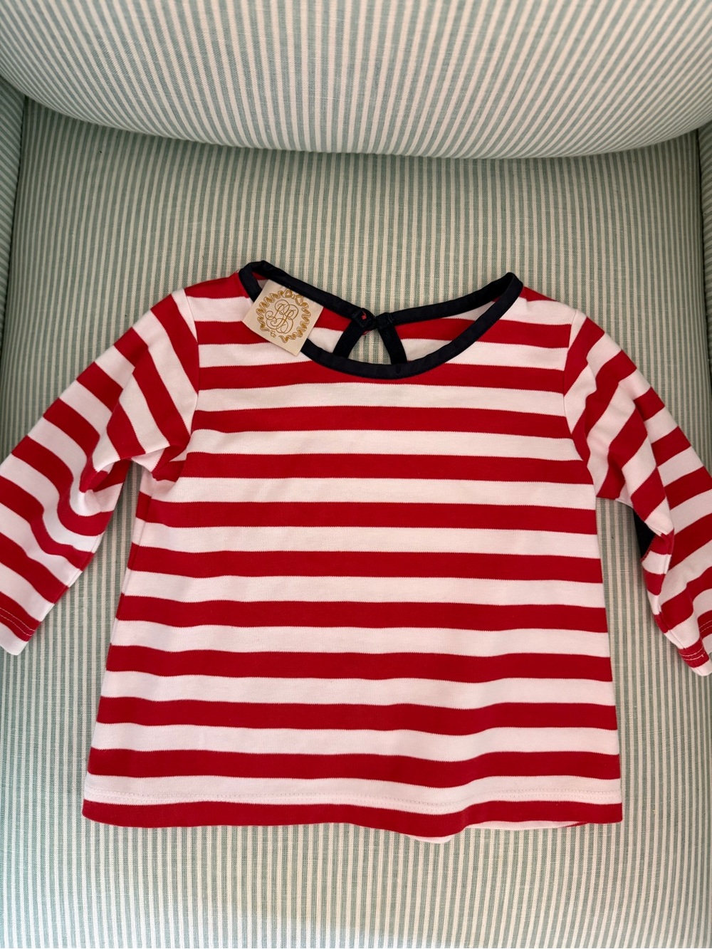 TBBC Red & White Striped Long-Sleeve Top w/ Navy Heart Elbow Patches - 18M
